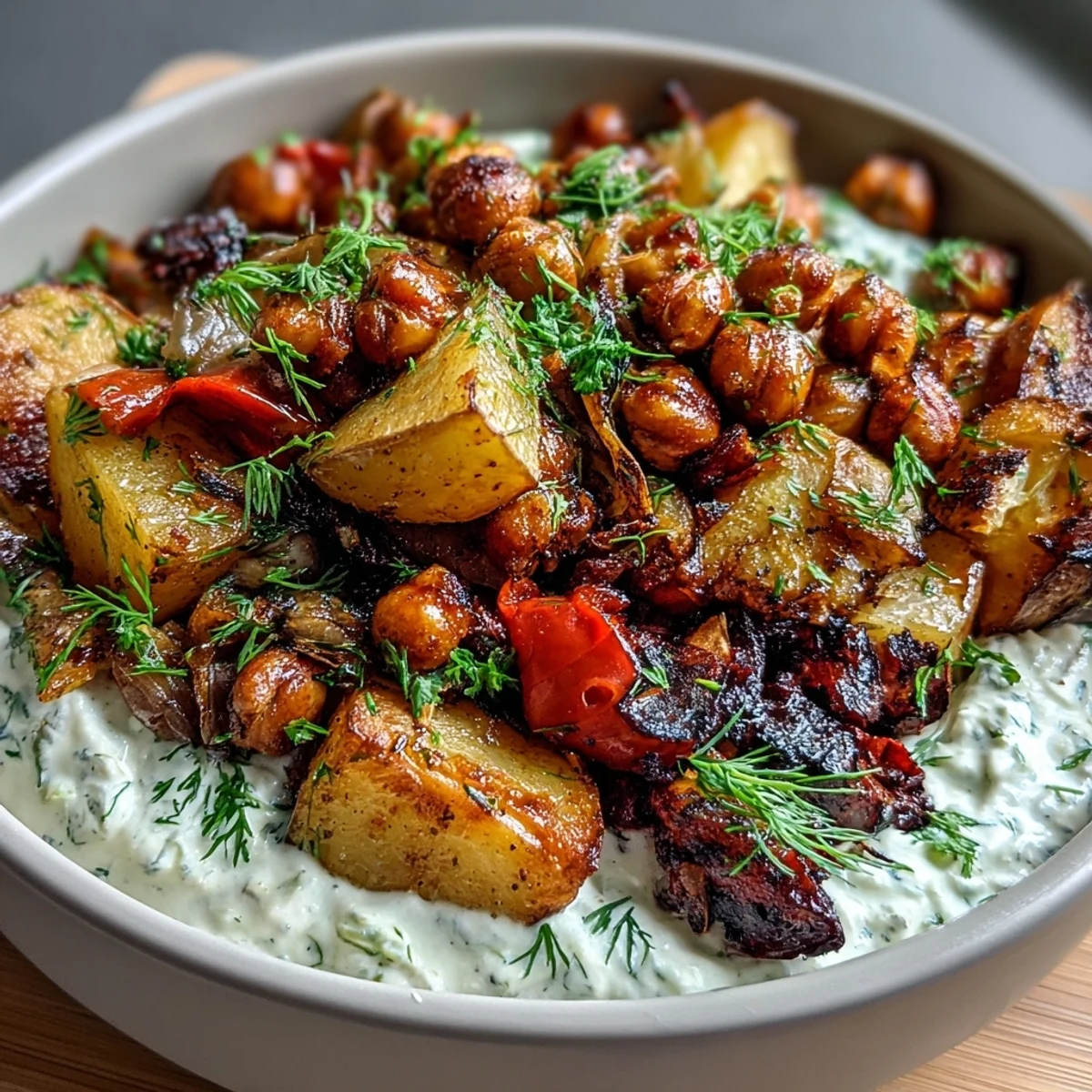 Classic Mediterranean Roasted Vegetables Bowl with golden chickpeas and creamy tzatziki sauce served in a nourishing bowl.  