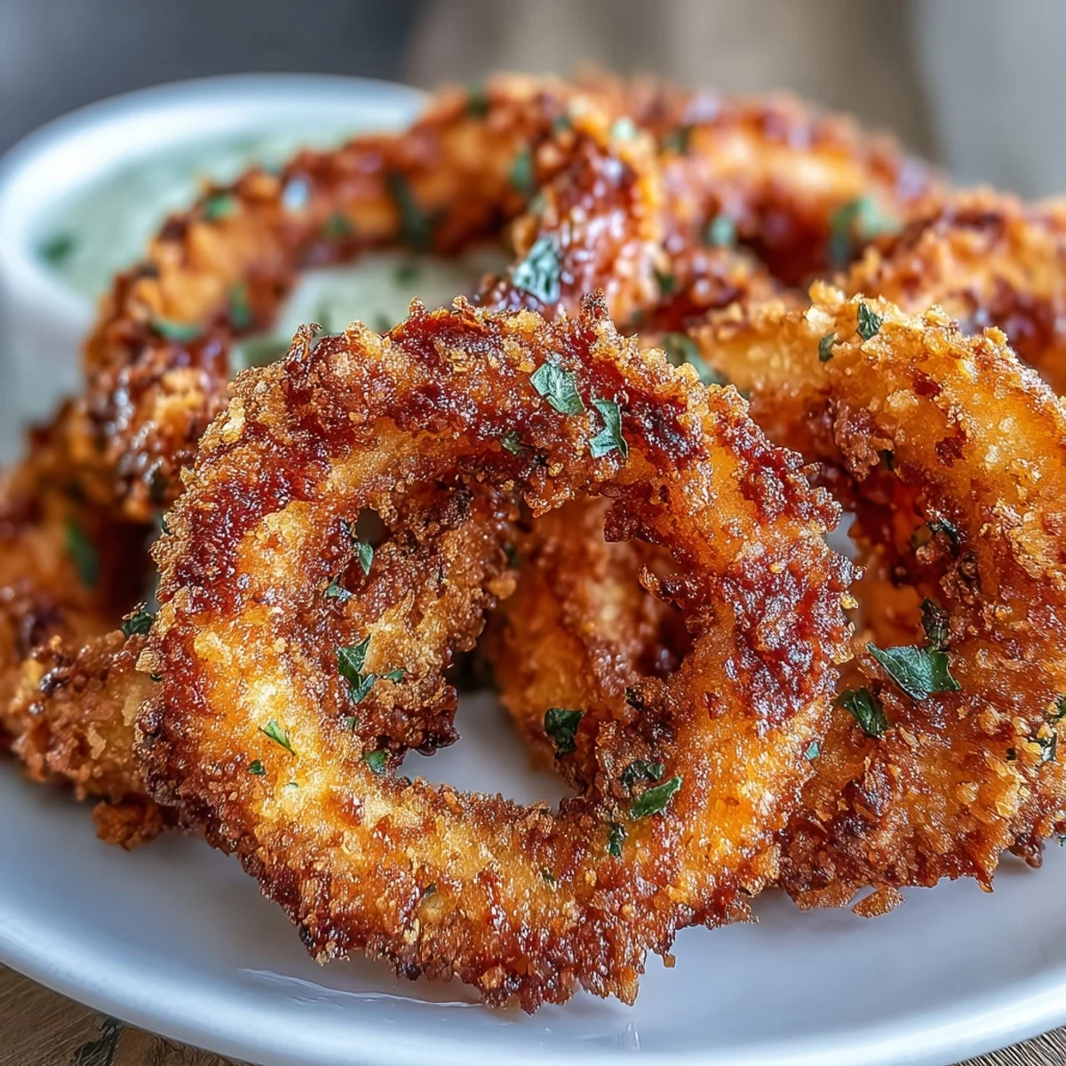 Oven-baked onion rings with crunchy exterior and tender center paired with creamy, spiced paprika dip for a satisfying snack.  
