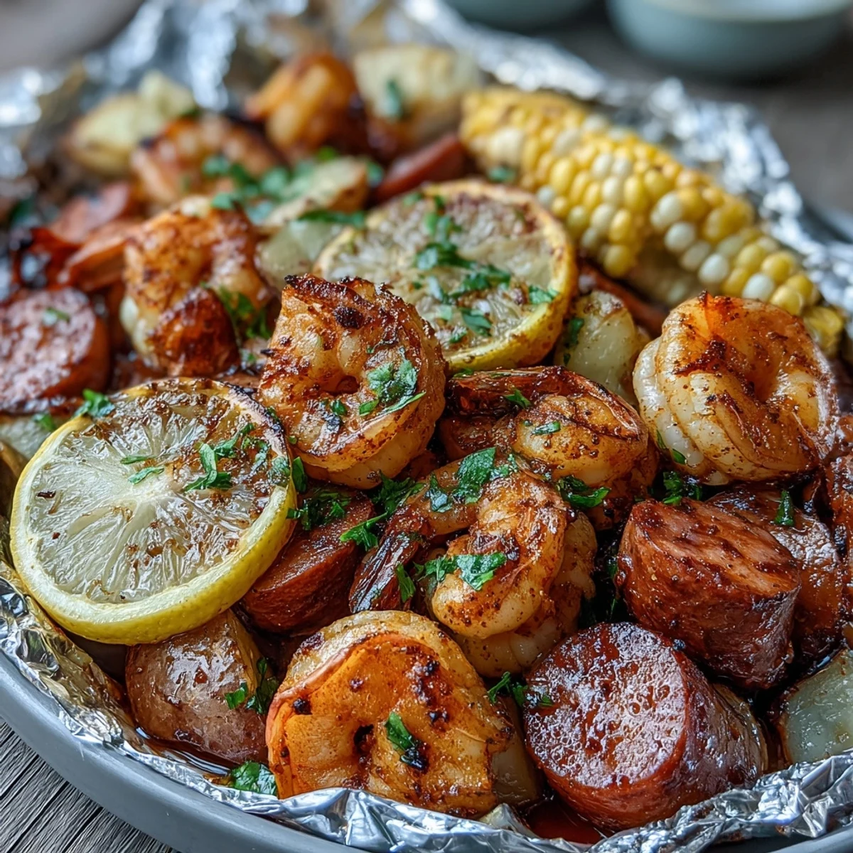 Easy Onion Boil Shrimp and Sausage Foil Packets featuring smoky sausage, sweet corn, and zesty lemon, perfect for a quick weeknight dinner.  