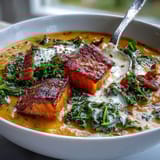 Hearty bowl of smoky sweet potato chowder topped with pancetta, featuring sweet potatoes, kale, and warming spices.  