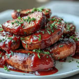 Quick Currywurst photo showing sliced sausage topped with vibrant, spicy ketchup.