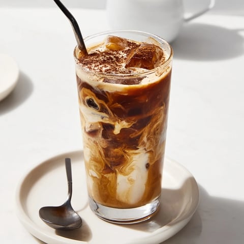Creamy tahini iced coffee topped with plant milk and ice, perfect for summer.