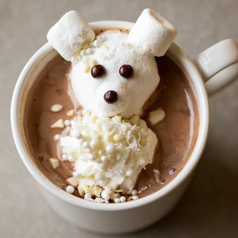 Steaming mugs of Polar Bear Hot Chocolate, a winter dessert platter overflowing with festive treats.