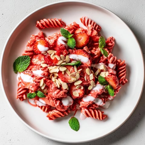 Sweet strawberry yogurt pasta glistening with vibrant red strawberries and creamy yogurt sauce.