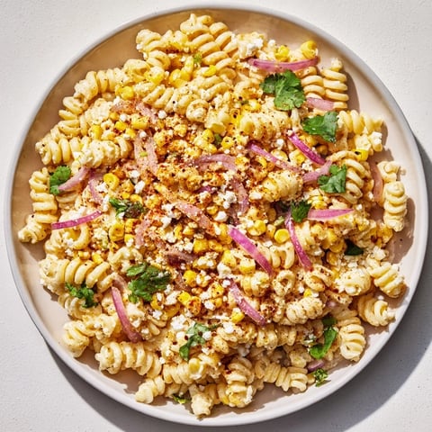 Creamy Street Corn Pasta Salad with charred corn kernels and a vibrant, creamy dressing ready to enjoy.