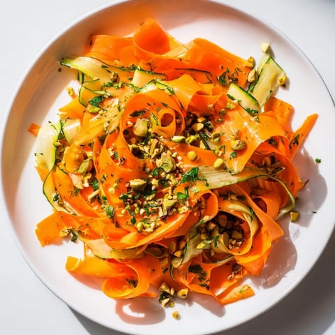Bright Citrus Carrot Ribbon Salad with vibrant orange slices and fresh herbs on a white plate.
