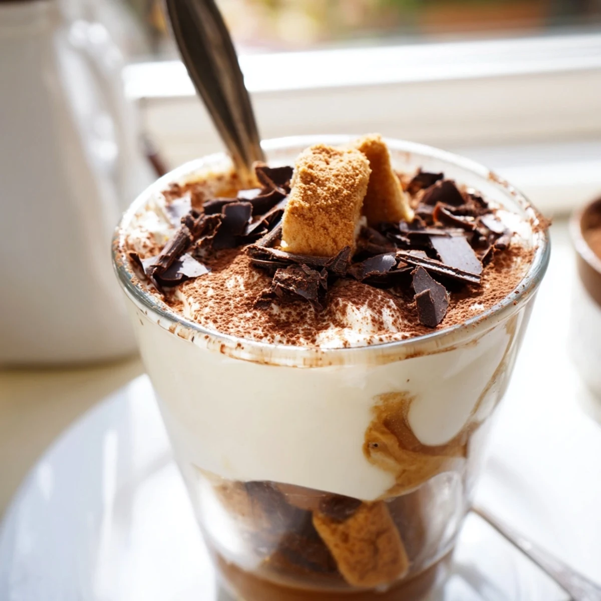 Steaming Tiramisu Latte in a clear glass, topped with cocoa, offering a delicious Italian dessert drink.