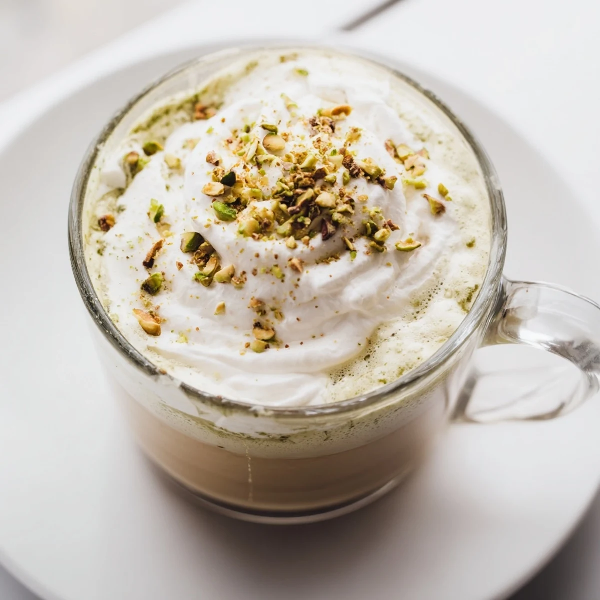 Steaming pistachio milk meets rich espresso in this visually stunning Pistachio Latte.