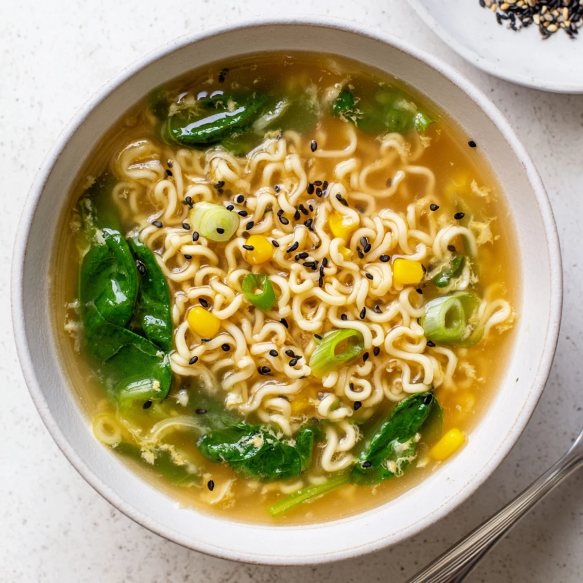 Close-up of Elevated Ramen Egg Drop Soup in a white bowl, showcasing silky egg ribbons and vibrant spinach.
