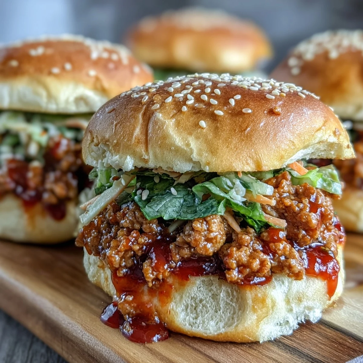 Korean Turkey Sloppy Joe Sliders stacked high on soft buns, garnished with sesame seeds for a party appetizer.