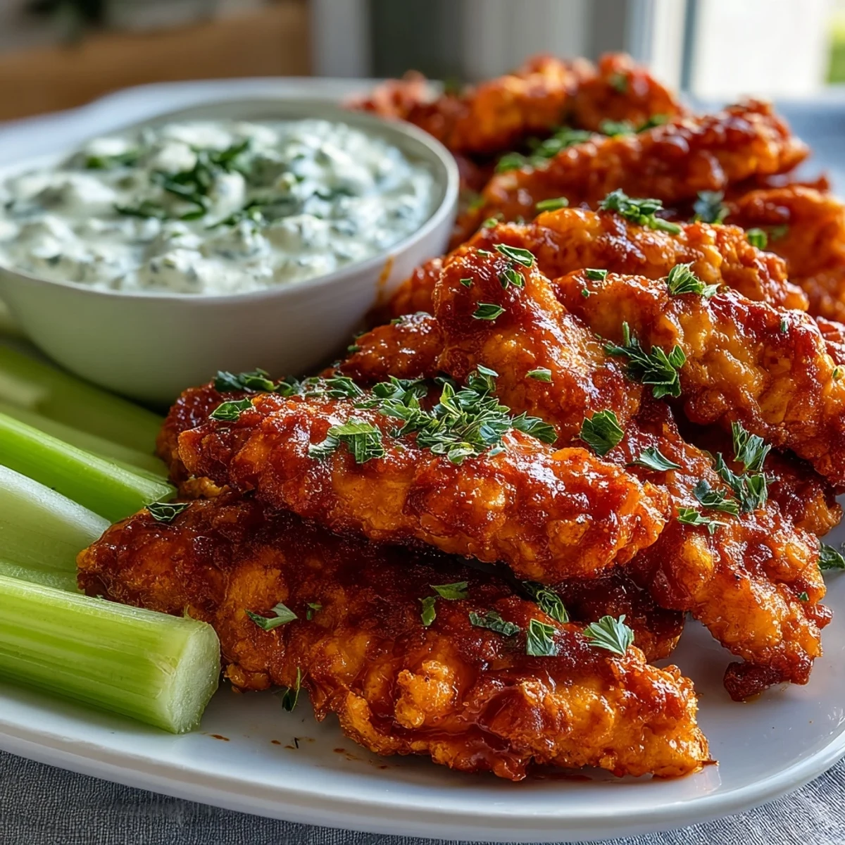 Crispy almond flour-coated Keto Buffalo Ranch Chicken Tenders glistening with spicy sauce, served with a side of fresh celery sticks for dipping.