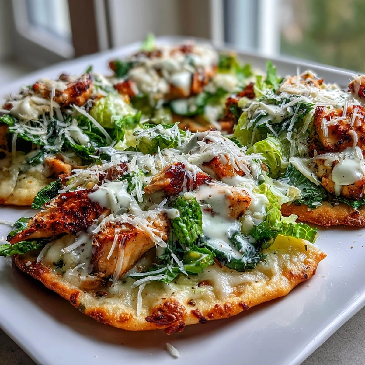 Freshly baked Garlic Naan Chicken Caesar Pizzas with melty cheese and Caesar-dressed chicken, ready to serve.