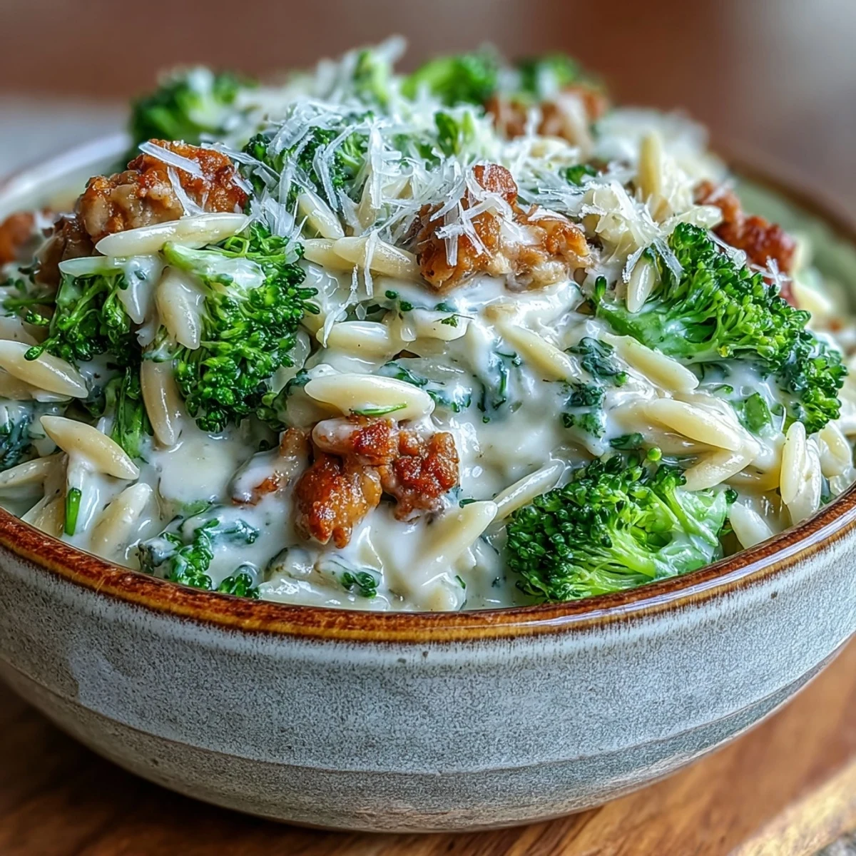 Freshly cooked ground turkey and vibrant broccoli florets mingle with tender orzo in a rich, creamy garlic sauce, served hot as a comforting family dinner.