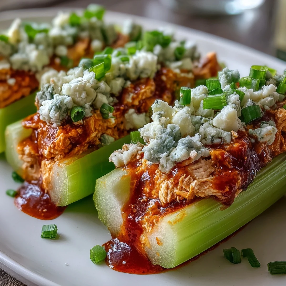 Keto Buffalo Chicken Stuffed Celery Boats with Blue Cheese Crumble, featuring crisp celery filled with spicy shredded chicken and tangy blue cheese topping.