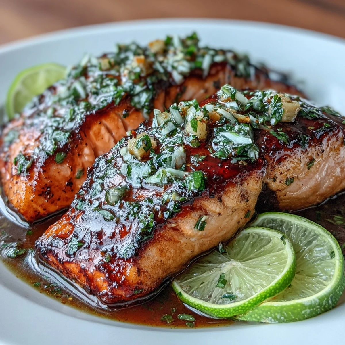 A golden baked salmon fillet glazed with honey, lime, and garlic butter, garnished with fresh cilantro and lime slices.