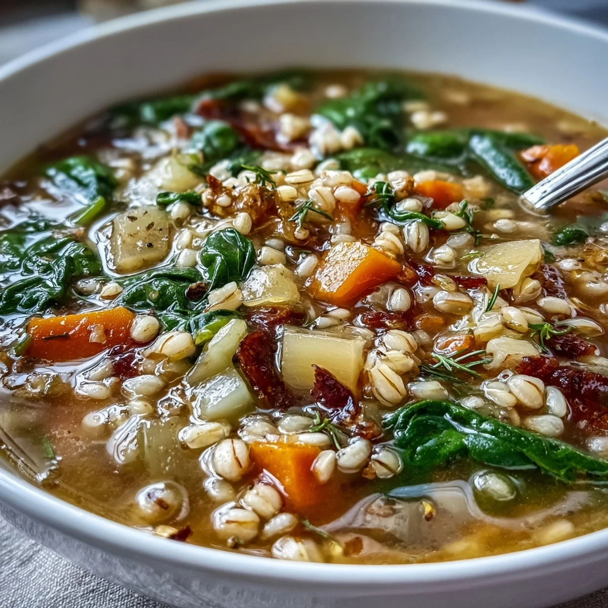 Warm winter-to-spring vegetable soup with barley, featuring tender root vegetables, leafy greens, and hearty grains in a savory broth.