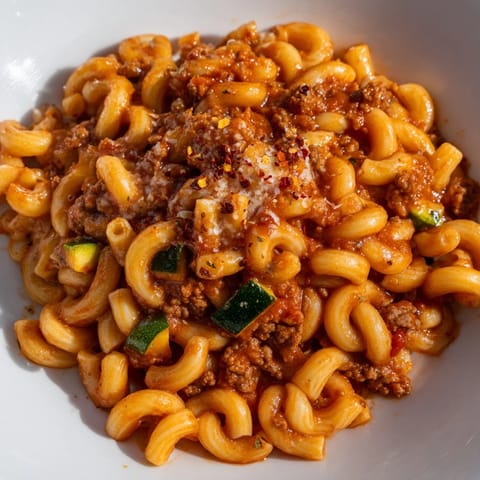 Close-up shot shows tender Healthy Beef Pasta with Roasted Veggies for dinner.