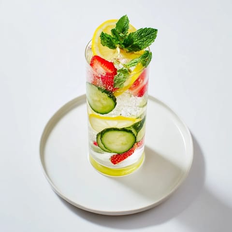 Vibrant mocktails infused with strawberries and lemons, served over ice cubes.  