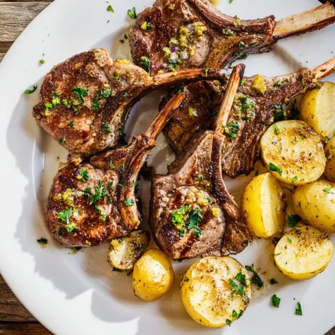 Sizzling herbed lamb chops paired beside golden roasted potatoes, perfect for a gluten-free meal.
