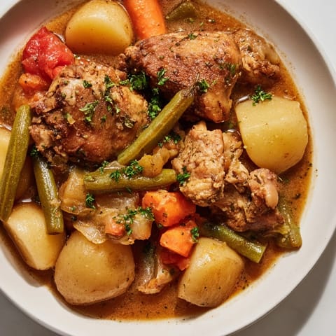 A steaming bowl of slow-cooker chicken & vegetable stew, perfect for a cozy, comforting dinner.