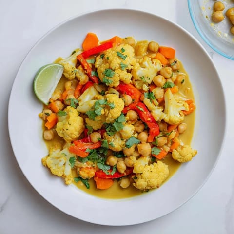 A warm bowl of curried cauliflower and chickpea coconut stew, garnished with fresh cilantro and lime.
