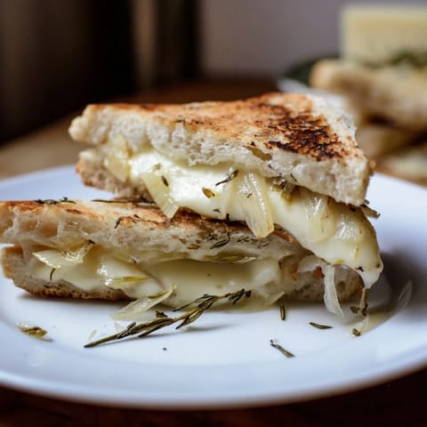 A close-up of a perfectly grilled French Onion Grilled Cheese sandwich, showing the bubbly cheese and toasted bread.