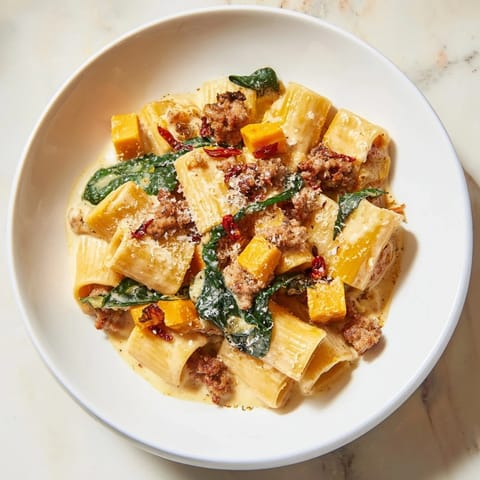 Bowl of luscious creamy rigatoni with butternut squash, topped with spicy Italian sausage and cheese.