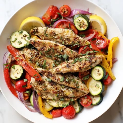 Vibrant sheet pan featuring Sheet Pan Lemon Oregano Chicken Cutlets, juicy cutlets with roasted bell peppers and onions.