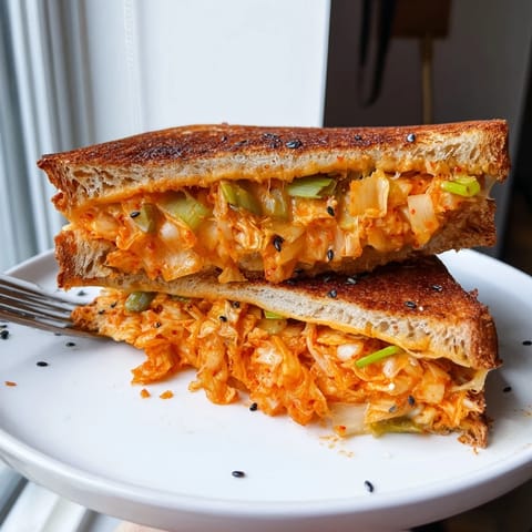 Crispy sourdough filled with melted cheddar and tangy kimchi, this Skillet Kimchi & Cheddar Fusion Grilled Cheese is ready.