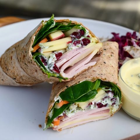 A colorful photo of the fresh and flavorful Cranberry Apple Slaw turkey wrap ready to eat.