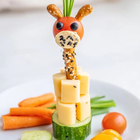 A visually appealing, fun-to-eat Long-Necked Giraffe Snack Tower for kids, featuring colorful veggie and cheese layers.
