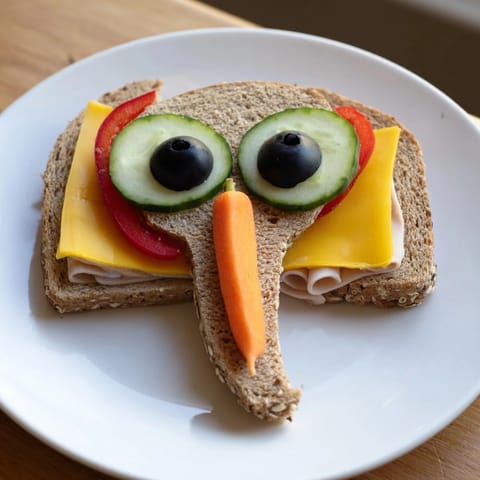 Enjoyable Big Top Elephant Sandwich Board: kid-friendly sandwiches arranged on a wooden platter with grapes.