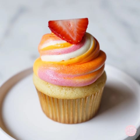 Summer-ready Mango Strawberry Sunset Cupcakes, with vibrant layers and a sweet strawberry jam filling.