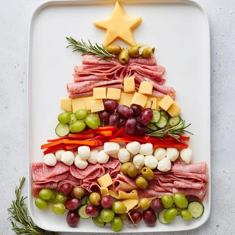 Festive Christmas Tree Charcuterie Board brimming with salami, cheese, and grapes, perfectly arranged for serving guests.