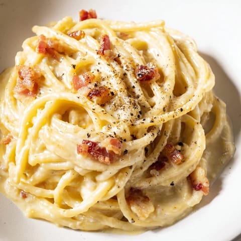 Golden, crispy bacon bits mingle within a bowl of rich, delicious Express Spaghetti Carbonara.