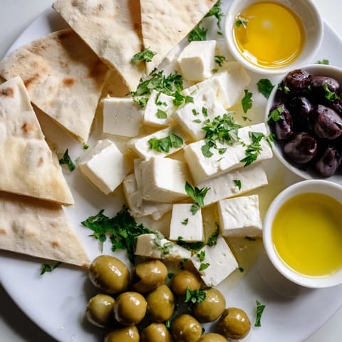A delicious Turkish Olives & Cheese Board: Creamy feta, salty olives, and warm pita bread perfect for sharing.