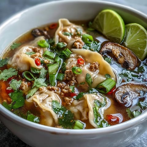 Steaming bowls of Tom Yum Wonton Soup showcase tender pork dumplings swimming in a clear, aromatic Thai broth with mushrooms.