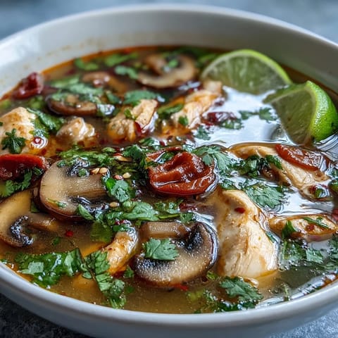 Garnished with fresh cilantro and lime wedges, this spicy-sour Tom Yum Gai offers a comforting and bold Thai meal. 