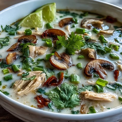 Steaming Authentic Tom Kha Gai soup garnished with fresh cilantro and sliced green onions, served with lime wedges on the side.