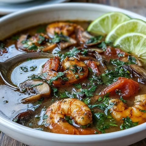 A pot of simmering Tom Yum Soup infused with lemongrass, galangal, and kaffir lime leaves.