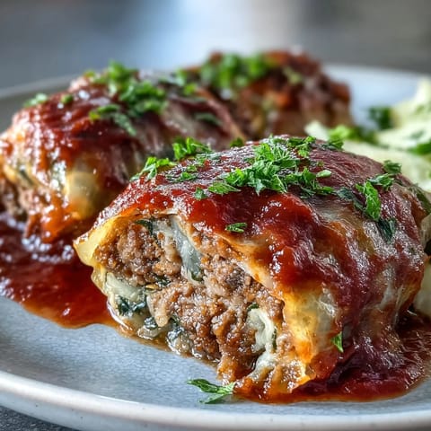 Tender Cabbage Rolls are served on a plate with a side of crusty bread for dipping.