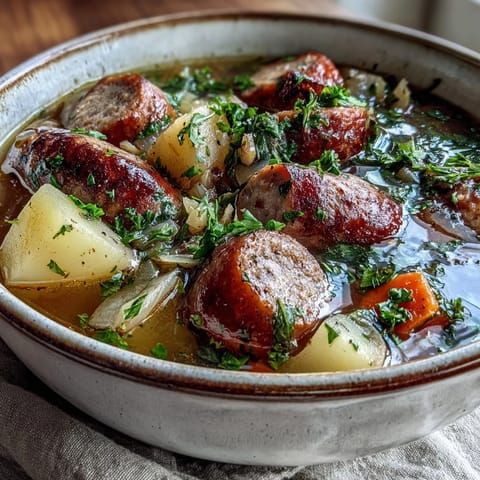 Thick slices of smoked sausage and tender potatoes in a golden broth, a steaming bowl of Sausage, Potato and Cabbage Soup.