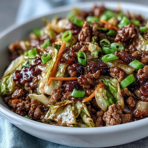 Hearty Chinese Ground Beef and Cabbage Stir-Fry served hot from the wok, garnished with fresh green onions for a flavorful weeknight dinner. 