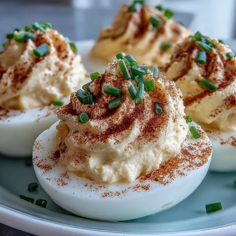 Platter of chilled Million Dollar Deviled Eggs ready for a backyard party buffet table.