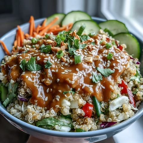 Thai Coconut Quinoa Bowl with fluffy grains, colorful vegetables, and a zesty peanut-lime dressing.  