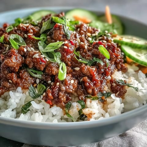 Colorful Korean Ground Beef Bowl topped with crunchy kimchi, edamame, and toasted sesame seeds.