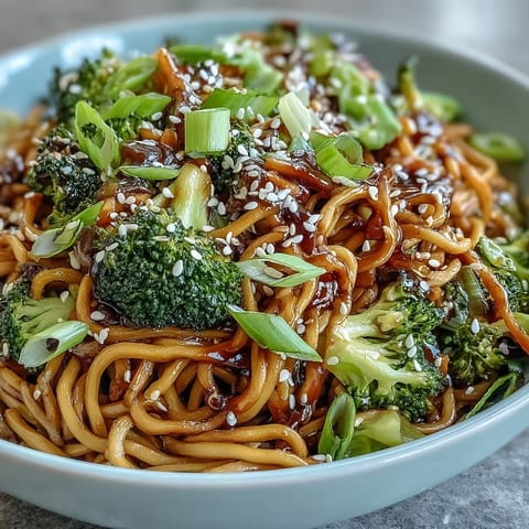 Savory Asian teriyaki noodle bowl with tender veggies and sesame garnish, ready for a quick weeknight meal.  