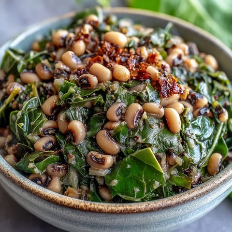 Hearty Southern Black-Eyed Peas with Collard Greens featuring tender greens and smoked paprika, ready to serve with hot sauce.