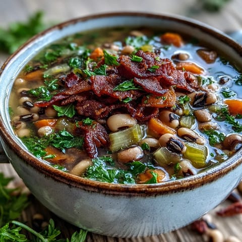Close-up of Black-Eyed Peas and Bacon Soup showcasing crispy bacon pieces and tender peas in a savory broth.