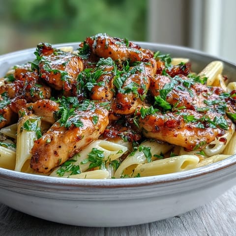 Tender golden chicken strips and al dente pasta are coated in a honey pepper sauce, ready to serve for dinner.